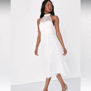 NWT Lulus Positively Precious White Floral Mesh Tiered Halter Midi Dress